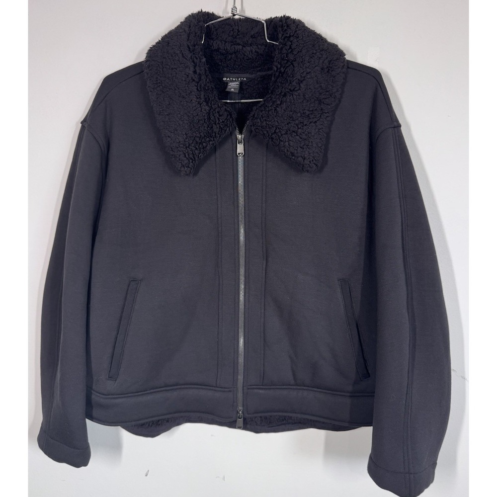 Athleta Westbound Sherpa Jacket XL Full Zip Black Fleece Cozy Teddy Coat Outdoor